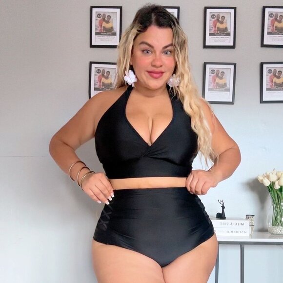 * Plus Size Black Bikini High Waisted Swimsuits Tummy Control 2 Piece NEW 2026 - Picture 4 of 13
